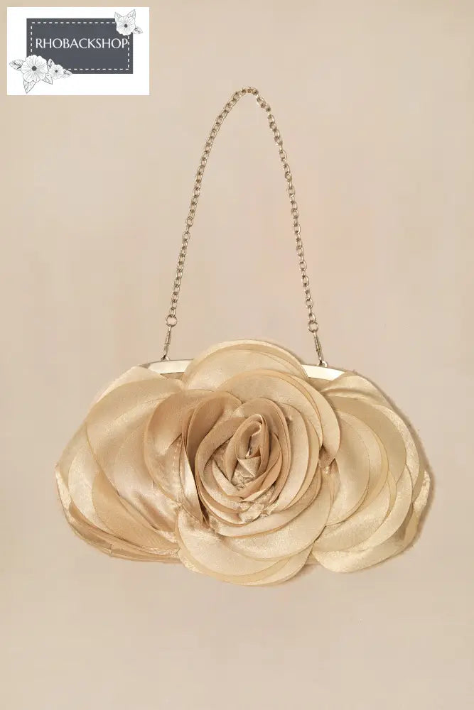 Layered Petal Rose Satin Evening Bag - Khaki