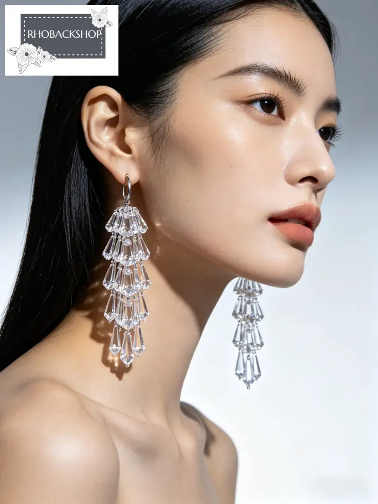 Multi Layer Crystal Fringe Dangle Earrings - Pink