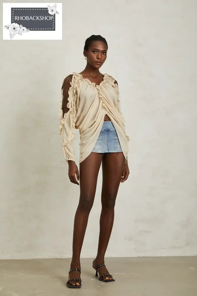 Neutral Ruffled Trim Chiffon Blouse