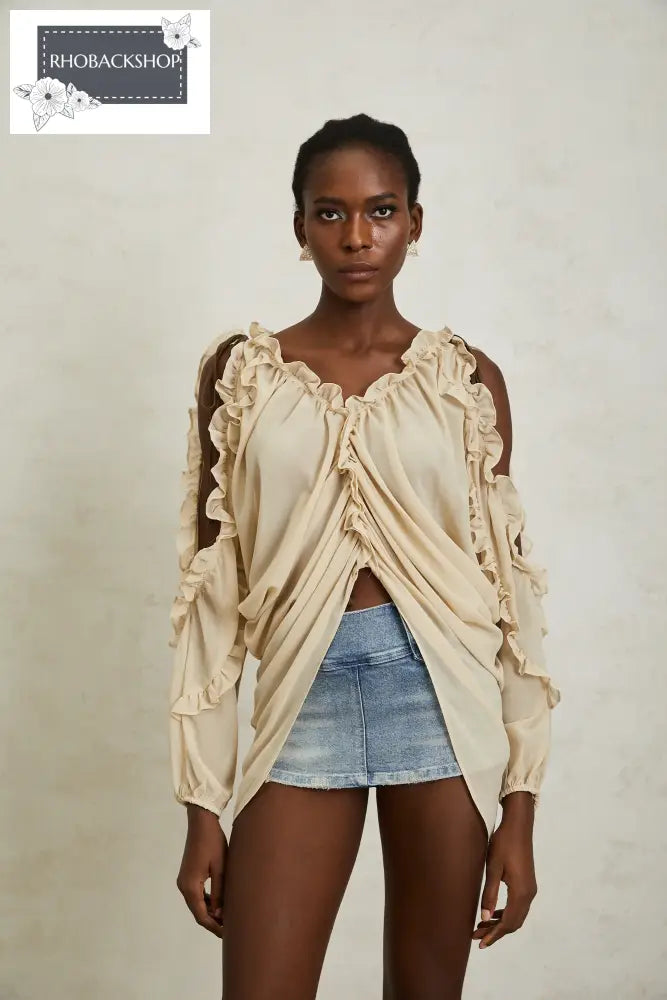 Neutral Ruffled Trim Chiffon Blouse