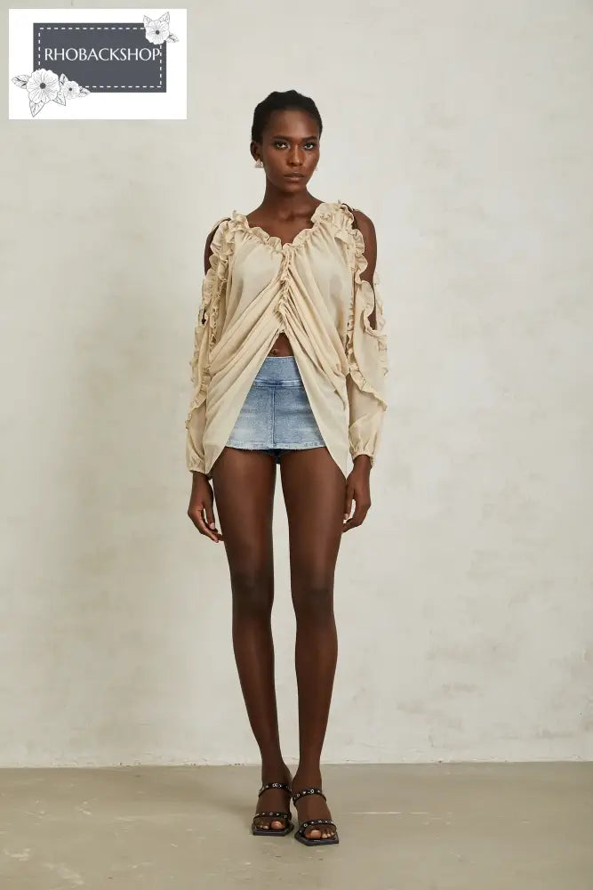Neutral Ruffled Trim Chiffon Blouse