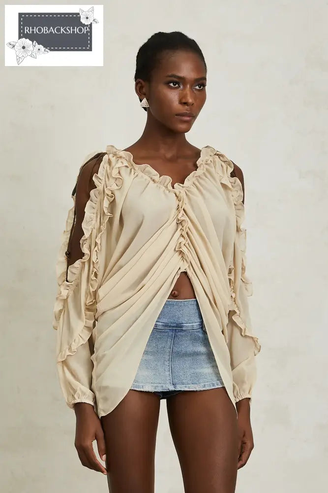 Neutral Ruffled Trim Chiffon Blouse