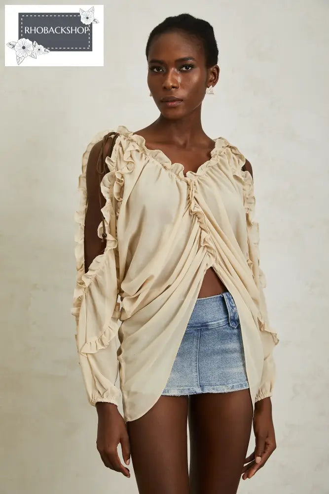 Neutral Ruffled Trim Chiffon Blouse