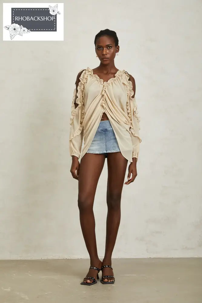 Neutral Ruffled Trim Chiffon Blouse