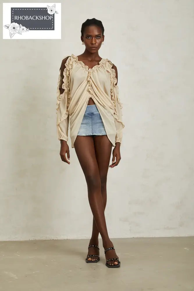 Neutral Ruffled Trim Chiffon Blouse
