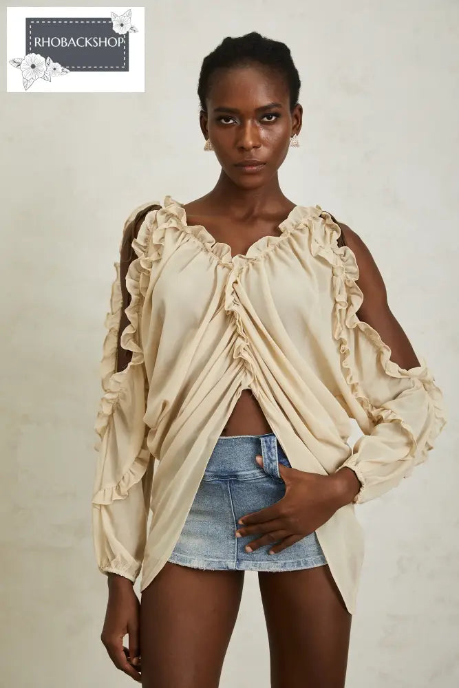 Neutral Ruffled Trim Chiffon Blouse