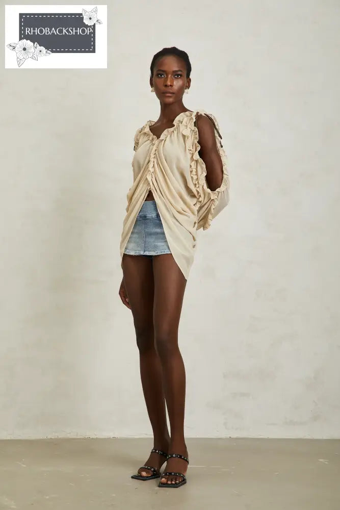 Neutral Ruffled Trim Chiffon Blouse