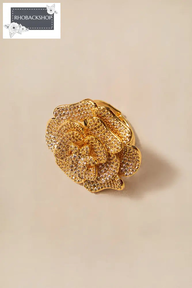Pave Crystal Rose Ring - Gold