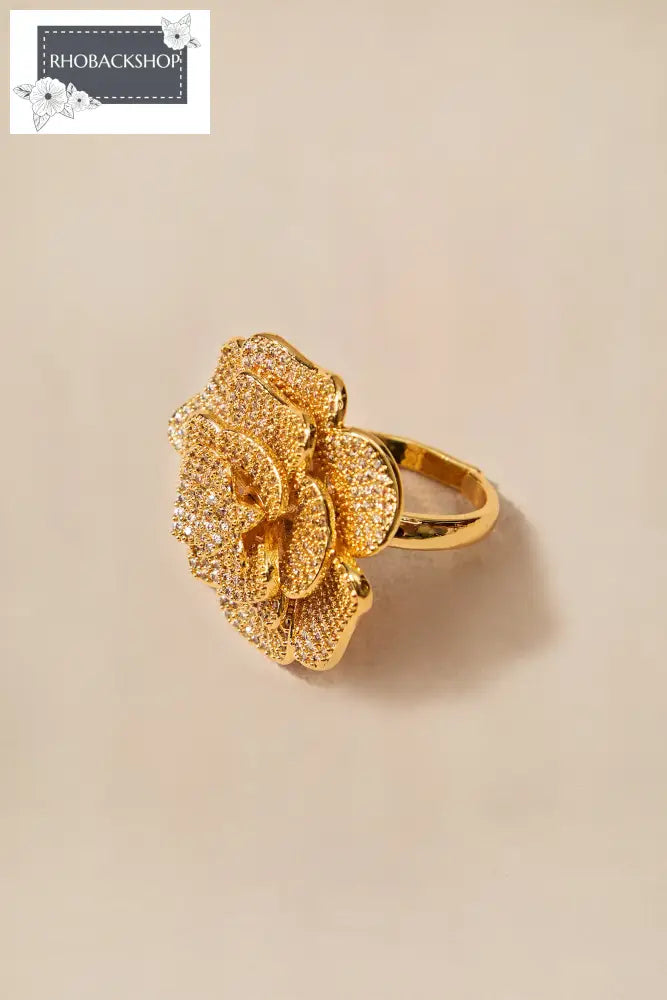 Pave Crystal Rose Ring - Gold