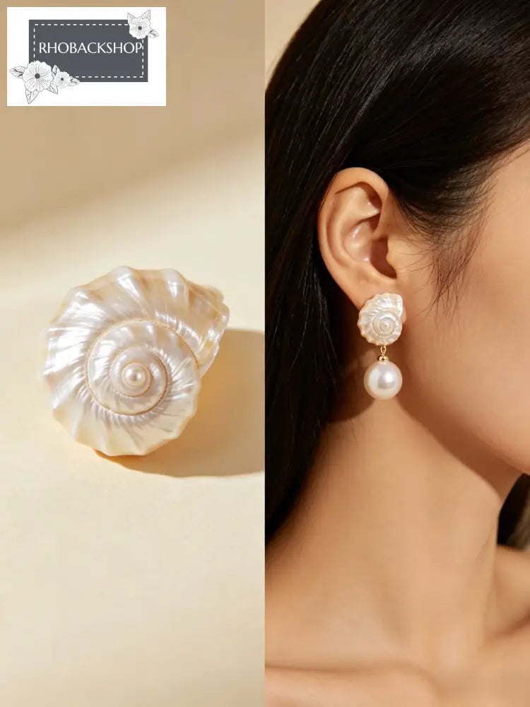 Spiral Shell Pearl Earrings - Silver