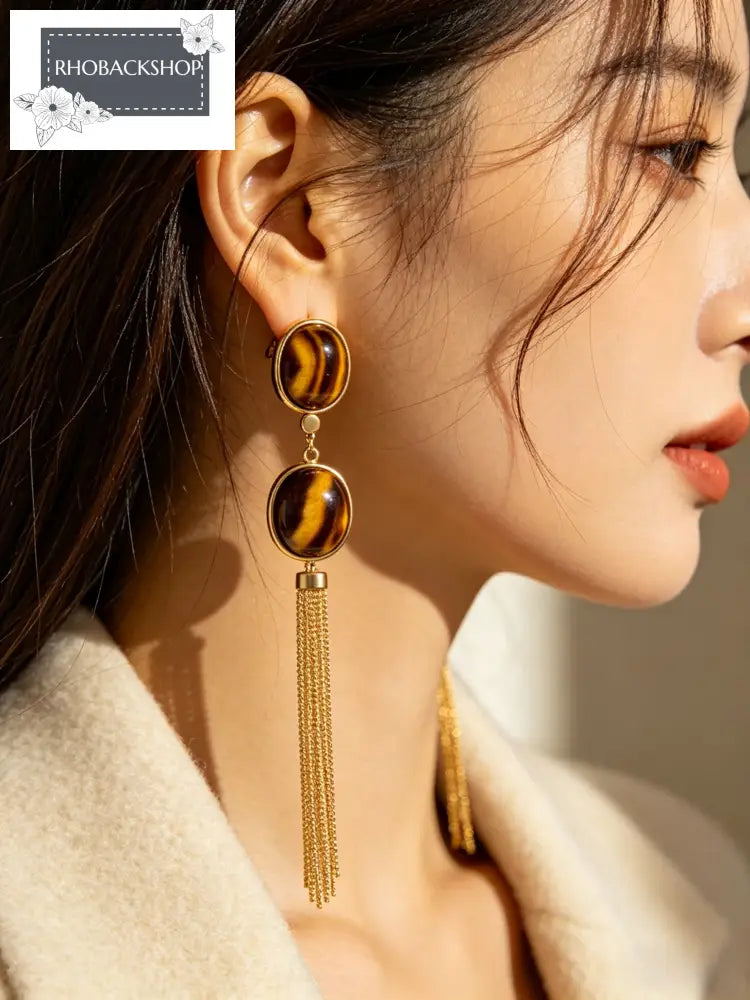 Tigers Eye Fringe Drop Earrings - Gold