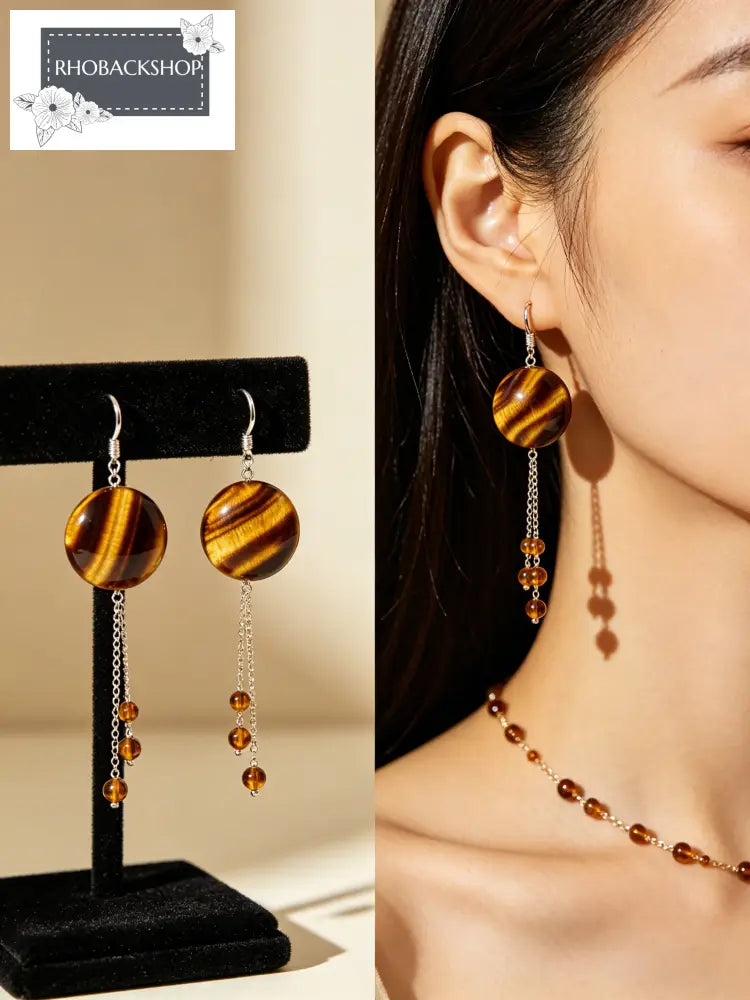 Tigers Eye Fringe Drop Earrings - Gold