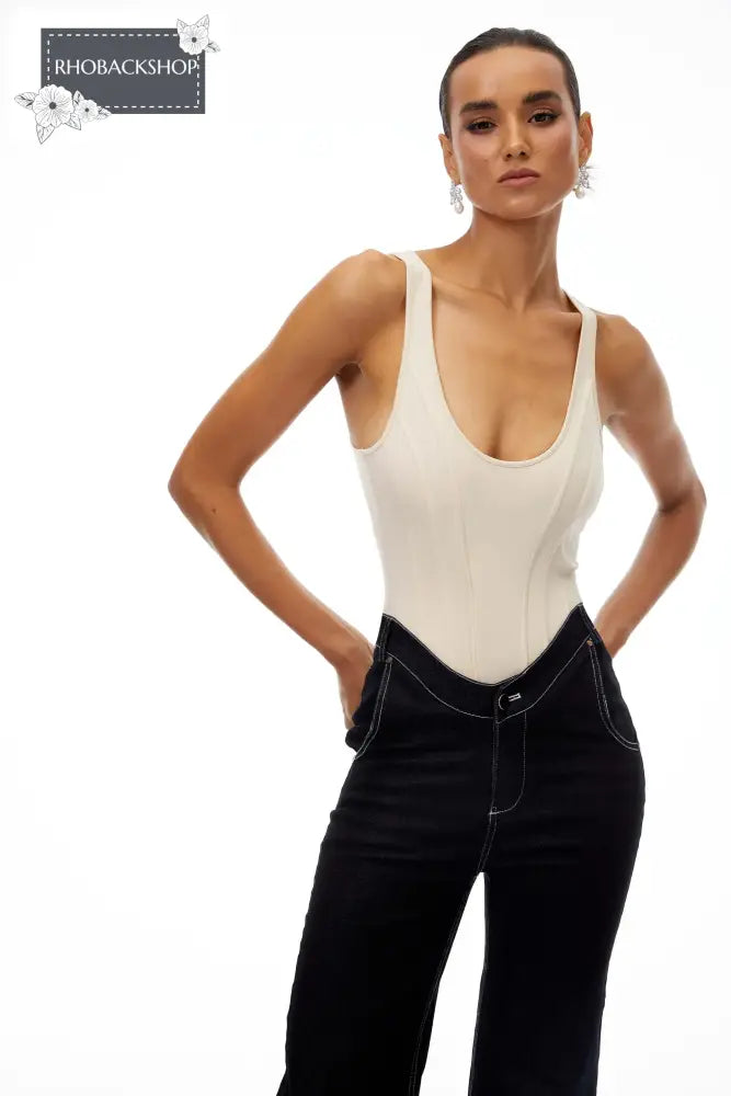 U-Neck Bodysuit & Straight Leg Jeans Set