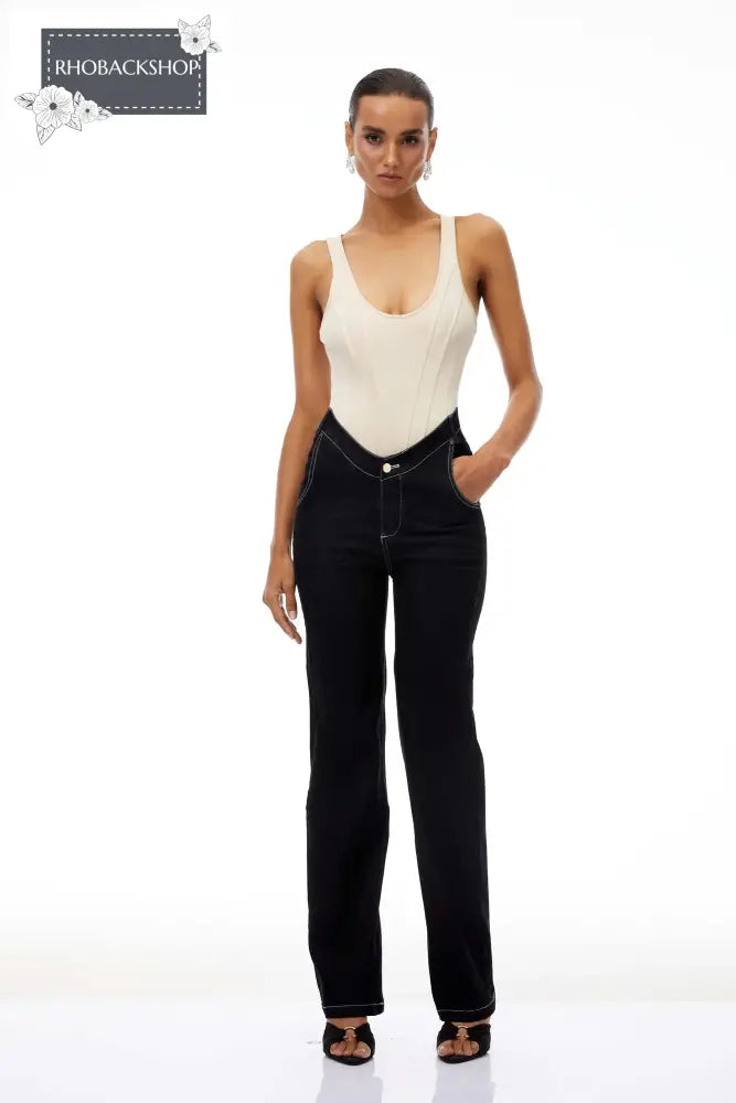 U-Neck Bodysuit & Straight Leg Jeans Set