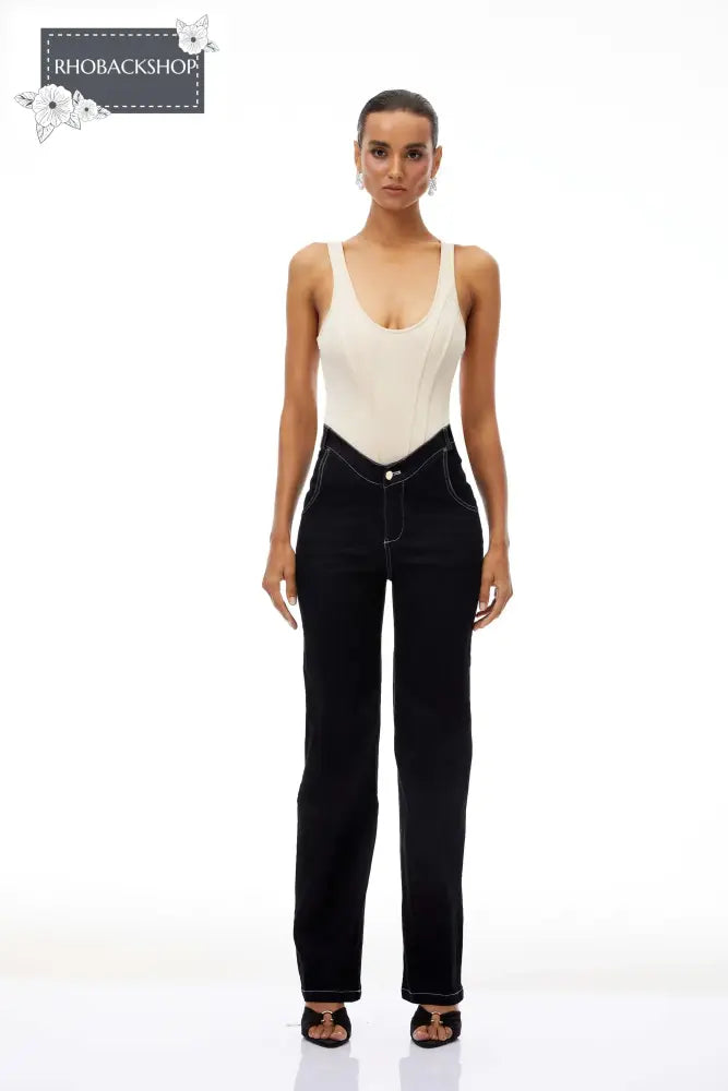 U-Neck Bodysuit & Straight Leg Jeans Set
