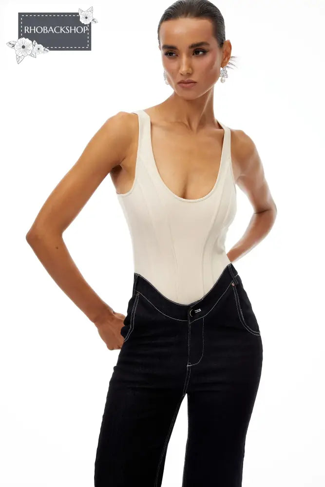 U-Neck Bodysuit & Straight Leg Jeans Set