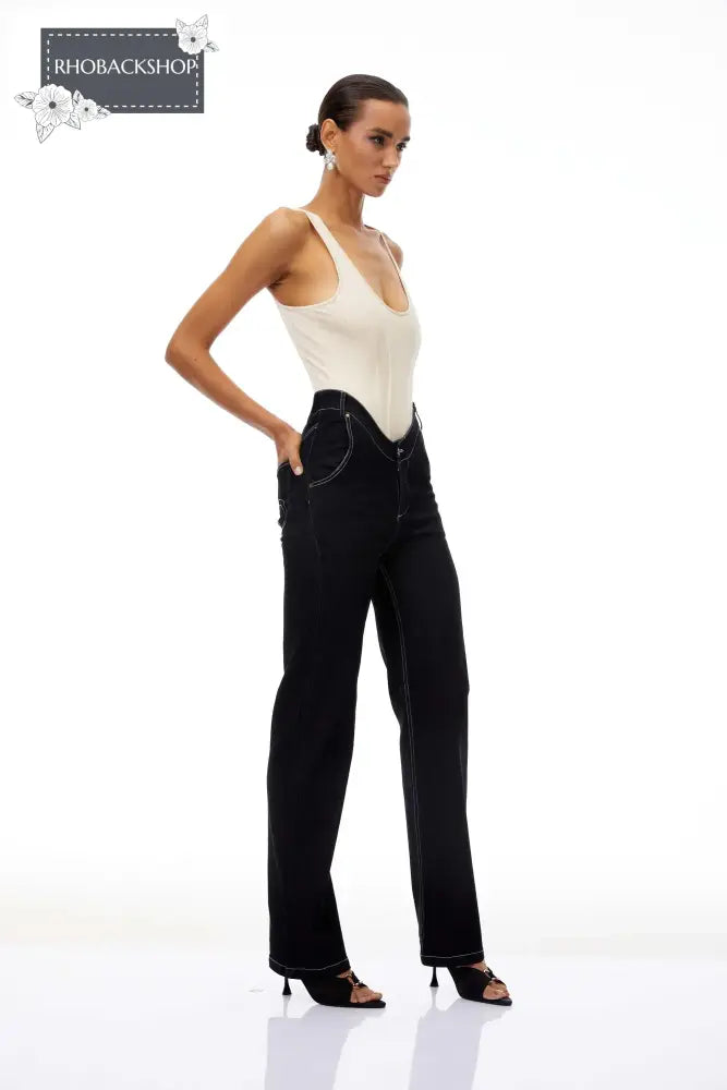 U-Neck Bodysuit & Straight Leg Jeans Set