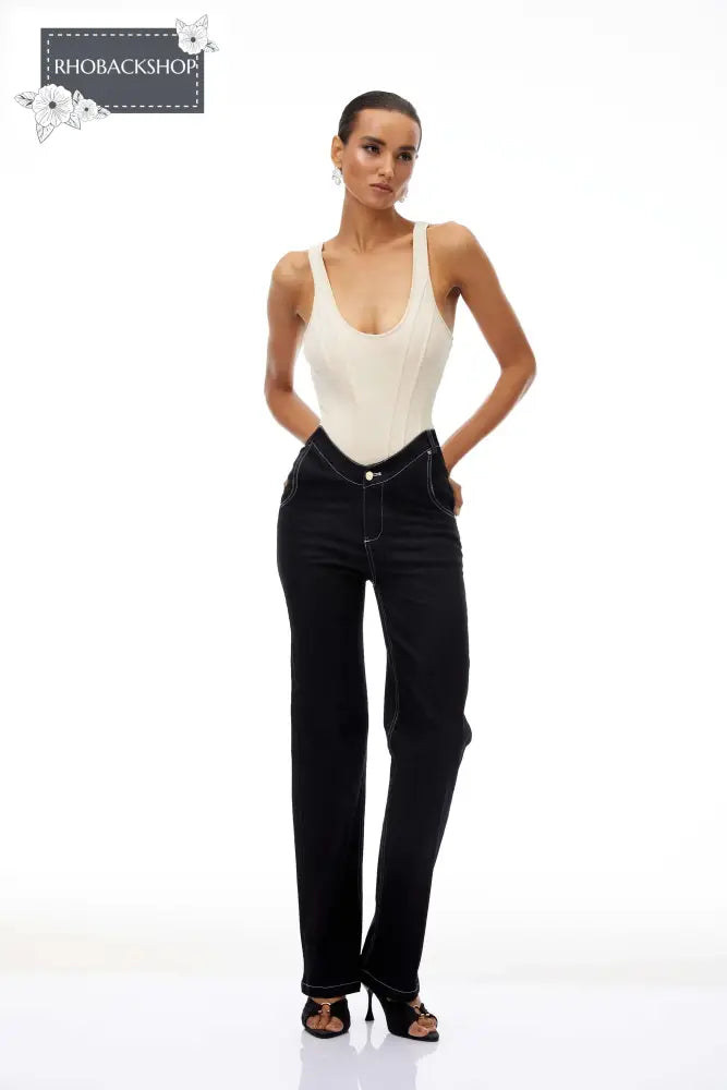 U-Neck Bodysuit & Straight Leg Jeans Set