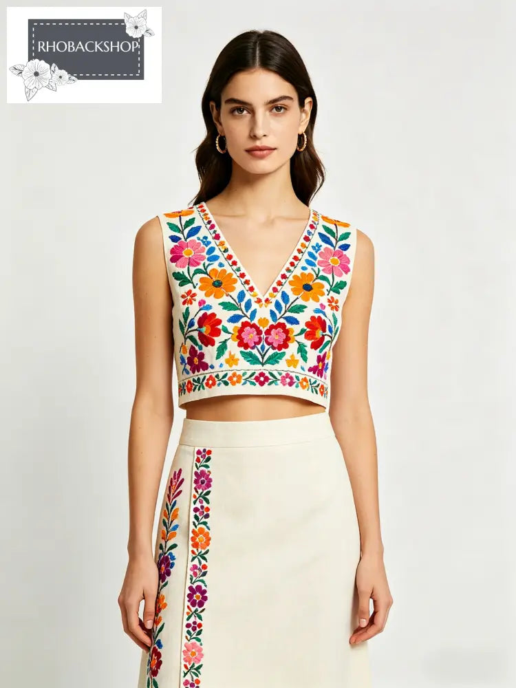 V-neck Embroidery Crop Top & Skirt Set