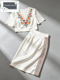 V-neck Embroidery Crop Top & Skirt Set