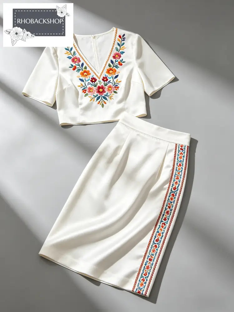 V-neck Embroidery Crop Top & Skirt Set