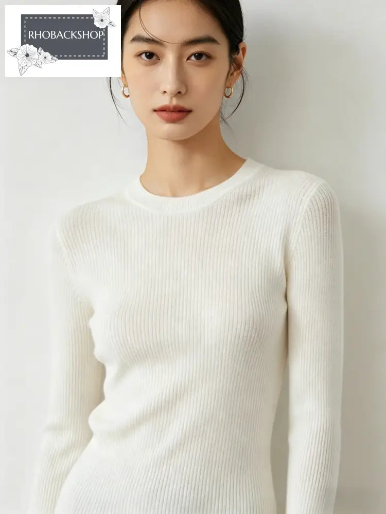 White Stretch Rib-Knit Sweater - Free Size / White